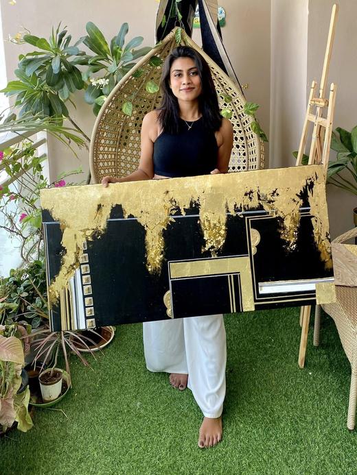 Black and Gold, contemporary painting by Sreeparna Poddar, approx. 48 × 24 in