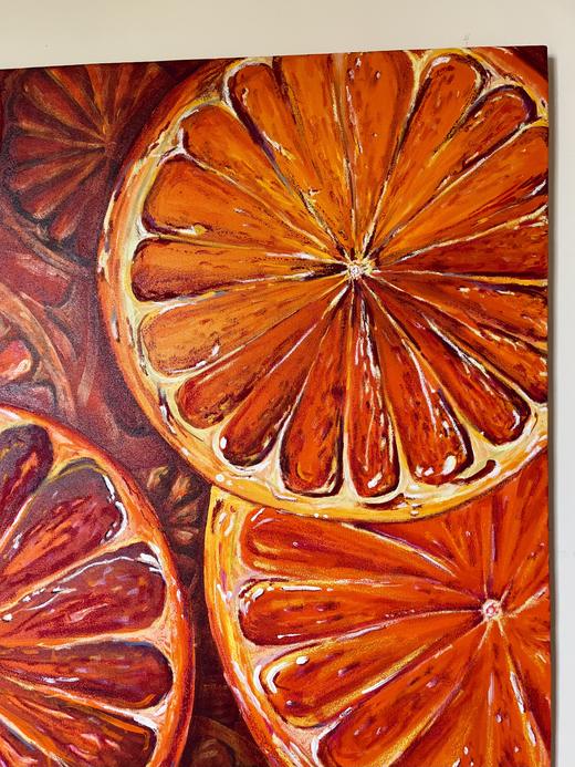 Close-up detail of Blood Oranges on Canvas, showing the painted surface