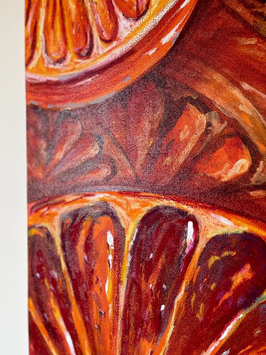 Close-up detail of Blood Oranges on Canvas, showing the painted surface