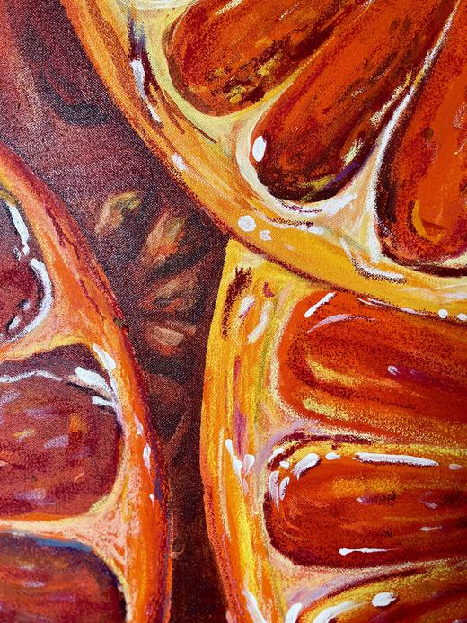 Close-up detail of Blood Oranges on Canvas, showing the painted surface