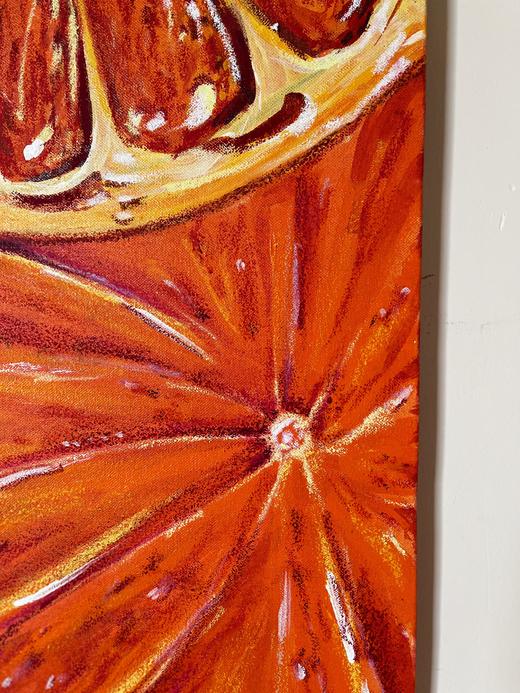 Close-up detail of Blood Oranges on Canvas, showing the painted surface