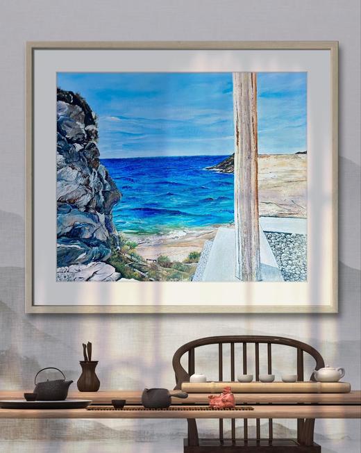 Blue Coastline, landscape painting by Sreeparna Poddar, approx. 30 × 24 in