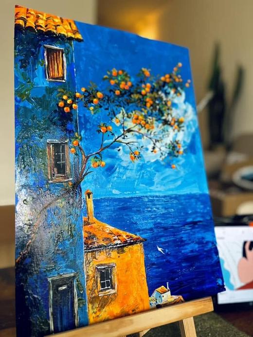 Blue Village, landscape painting by Sreeparna Poddar, approx. 16 × 20 in