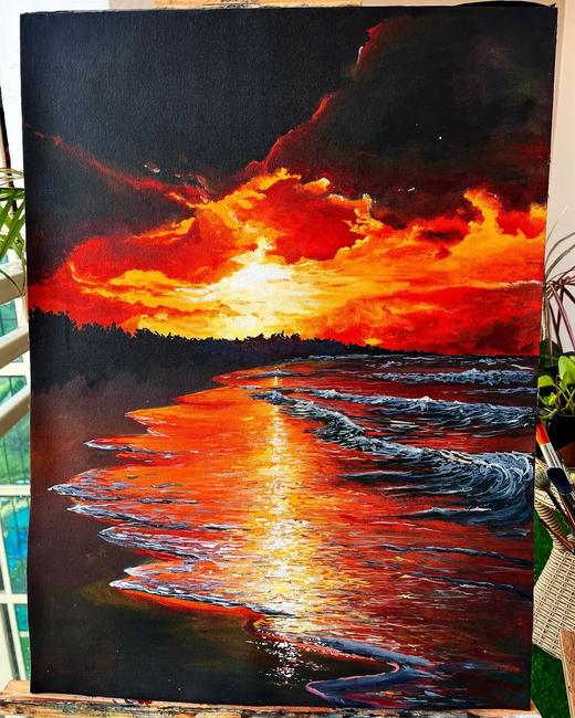 Burning Sunset, landscape painting by Sreeparna Poddar, approx. 18 × 24 in