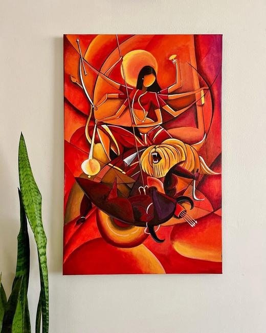 Durga, contemporary painting by Sreeparna Poddar, approx. 24 × 36 in