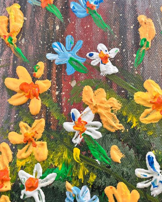 Close-up detail of Flowers in a Basket, showing the painted surface