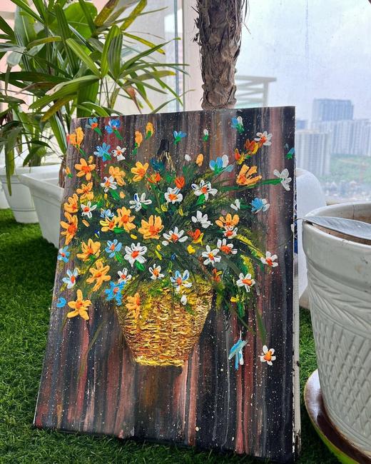 Flowers in a Basket, floral painting by Sreeparna Poddar, approx. 18 × 24 in