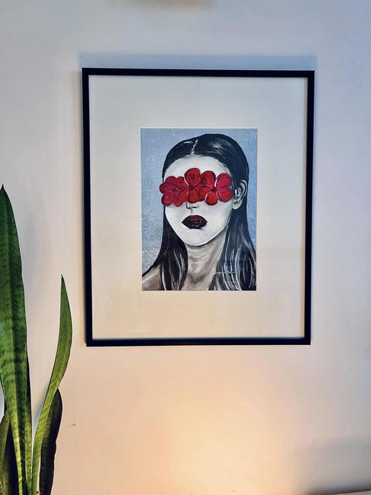 Flowers Over Her Eyes, portrait painting by Sreeparna Poddar, approx. 12 × 18 in