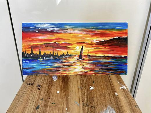 Harbour at Sunset, landscape painting by Sreeparna Poddar, approx. 24 × 12 in