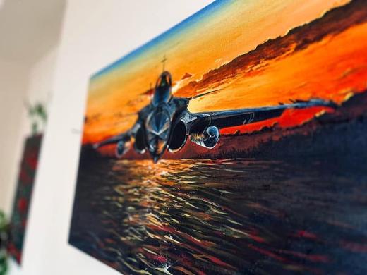 Jet at Sunset, landscape painting by Sreeparna Poddar, approx. 36 × 18 in