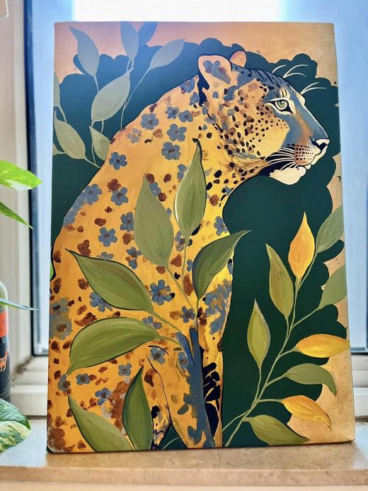 Leopard in Bloom, contemporary painting by Sreeparna Poddar, approx. 18 × 24 in