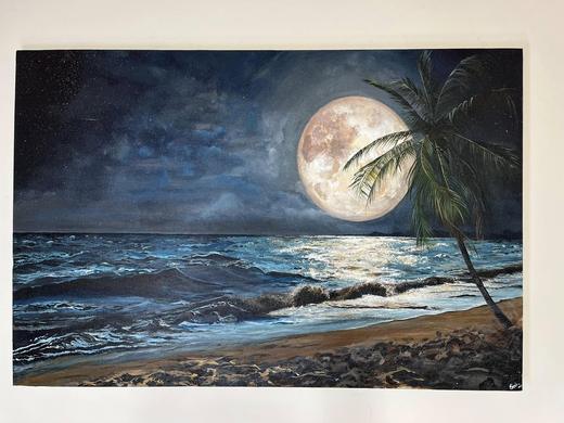 Moonlit Beach, landscape painting by Sreeparna Poddar, approx. 36 × 24 in
