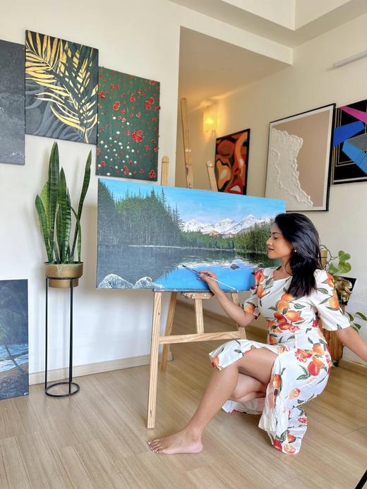 Mountain Lake, landscape painting by Sreeparna Poddar, approx. 48 × 24 in