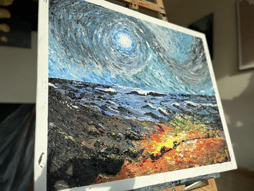 Shore Under a Whirling Sky, landscape painting by Sreeparna Poddar, approx. 24 × 20 in
