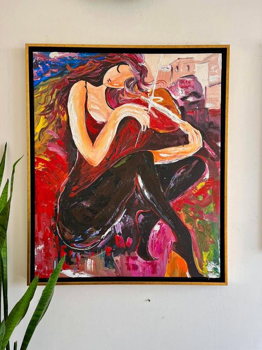 The Violinist, portrait painting by Sreeparna Poddar, approx. 24 × 30 in