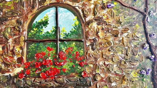 Close-up detail of Window with Red Flowers, showing the painted surface