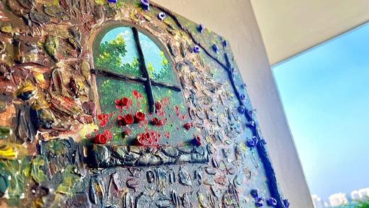 Window with Red Flowers, floral painting by Sreeparna Poddar, approx. 24 × 18 in