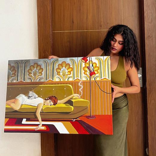 Woman with Cat, contemporary painting by Sreeparna Poddar, approx. 48 × 30 in